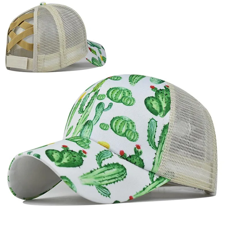 

New Fashion Ponytail Baseball Cap Women Printed cactus Mesh hat Casual Summer Snapback Hat Silk Satin Patck Streetwear Visor