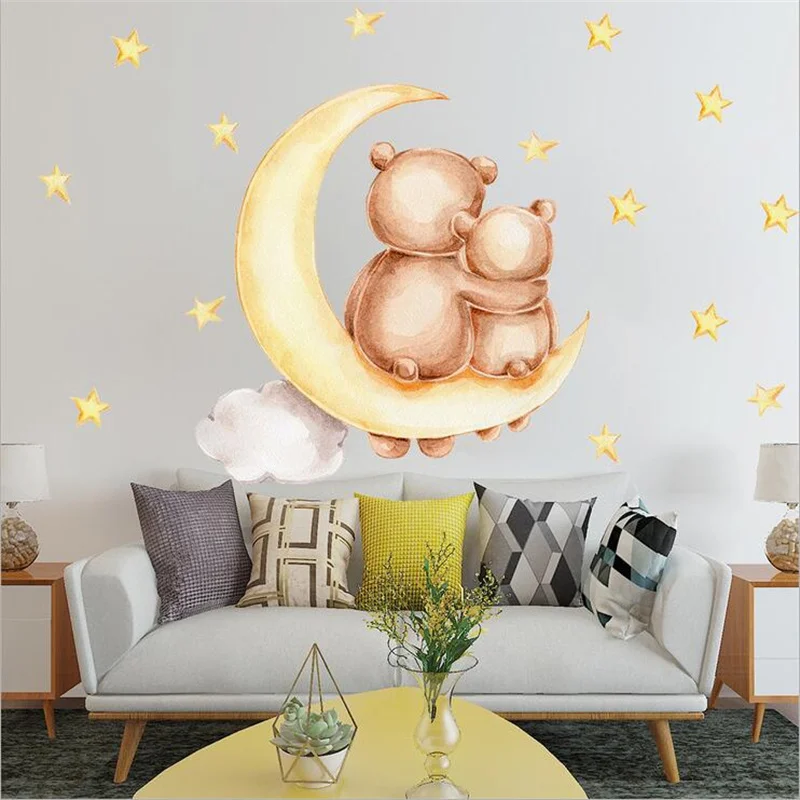 

Cartoon Two Bear on The Moon Cloud Star Wall Stickers for Baby Bedroom Vinyl Art Mural Home Decoration Wallpaper Nursery Decor