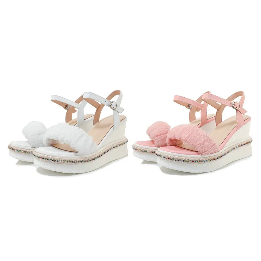 

QUTAA 2021 Open-toed Slingback Summer Ladies Pumps Platform Sandals Genuine Leather Wedge High Heel Women Shoes Big Size 34-42