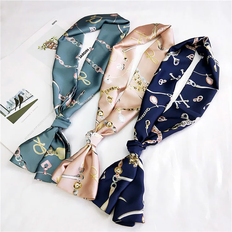 New Women's Chain Link Floral Printed Silk Satin Hair Edge Scarf Skarf Woman Purse Bag Handle Ribbon Scarves for Ladies Foulard