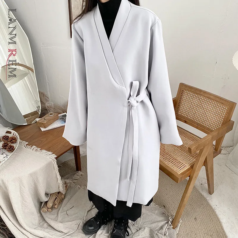 

LANMREM корейский стиль свободный женский плащ с поясом Женская ветровка 2021 Осенняя Верхняя одежда серый 2A3424