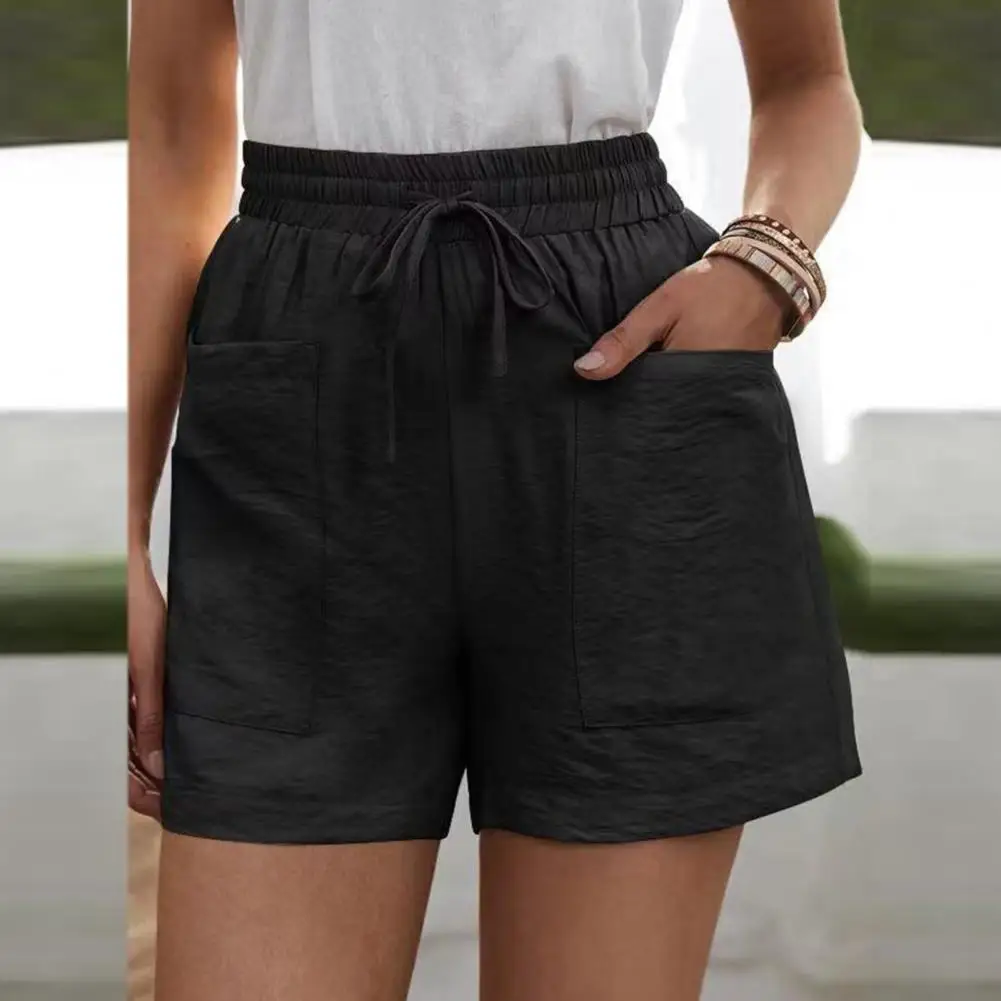 

2021 New Casual Simple Women High Waist Pockets Solid Color Elastic Waist Loose Polyester Shorts Bottoms for Summer