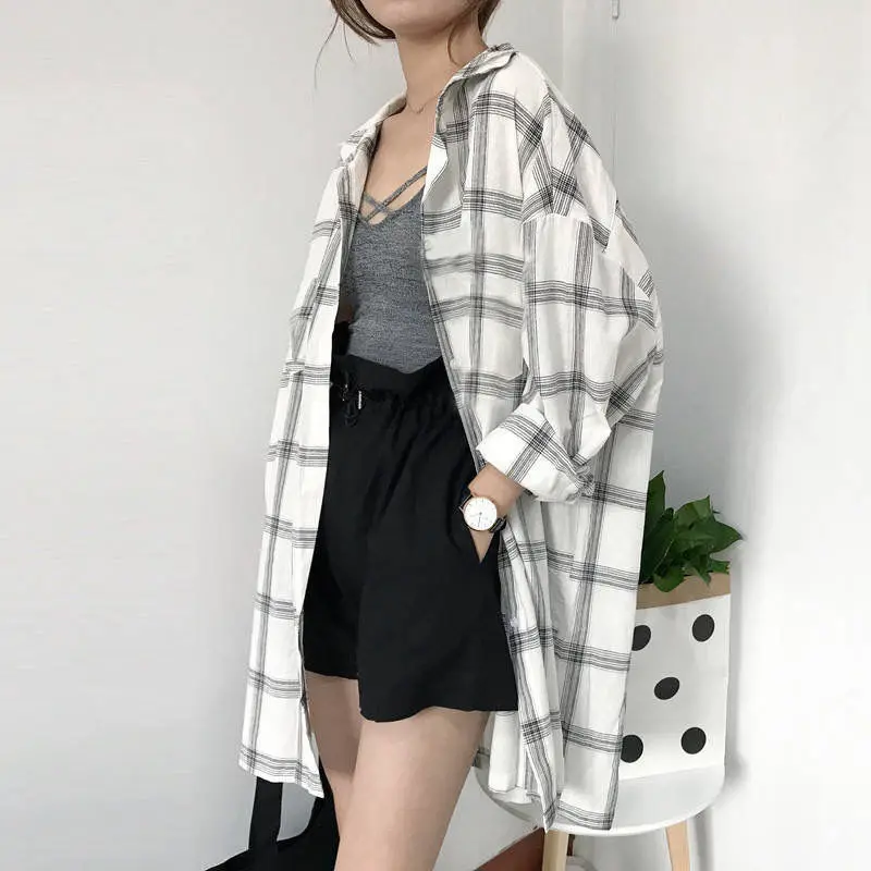 

Blouse Women Shirt Spring Summer Clothing Plaid Women Lapel Long Sleeve Shirt Loose-Fitting Coat Top Blusas Mujer De Moda