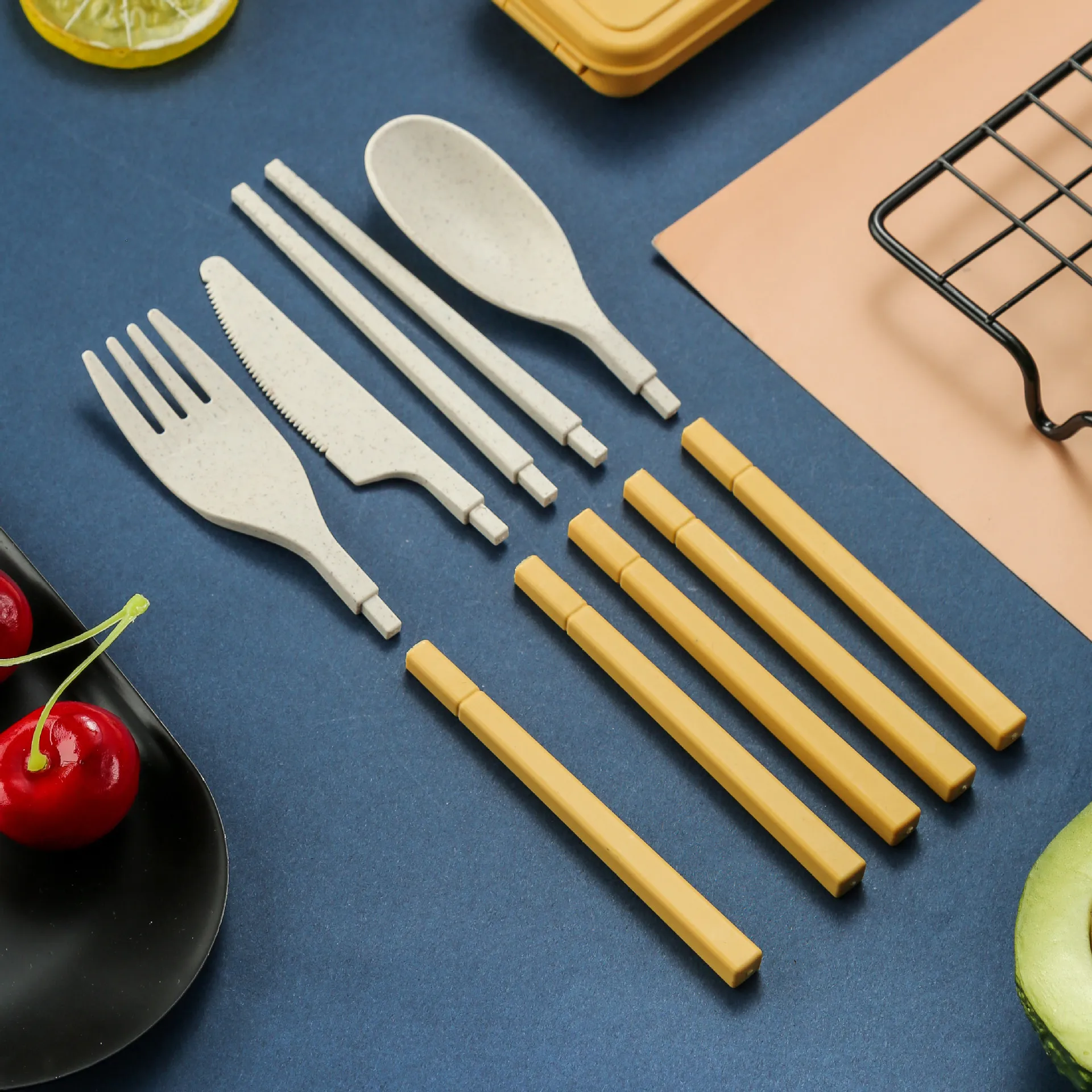 

Portable Foldable Cutlery Set Wheat Straw Tableware Outdoor Camping Dinnerware Kids Dinner Set With Mini Box Kitchen Utensils