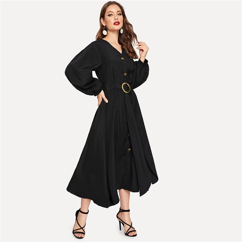 SHEIN Платье На Пуговицах С Поясом Элегантное Платье С V-Образным Вырезом Для Женщин