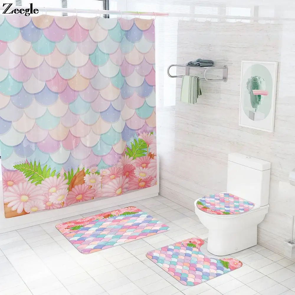 

Scale Floral Printed Bath Mat and Waterproof Shower Curtain Set Carpet Floor Mat Polyester DIY Waterproof Shower Curtain Set