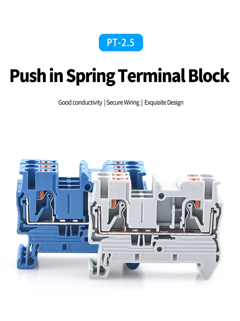10pcs Din Rail Terminal Block PT-2.5 Push In Terminal Connector Spring Screwless Electrical Wire Conductor Terminal Block PT2.5