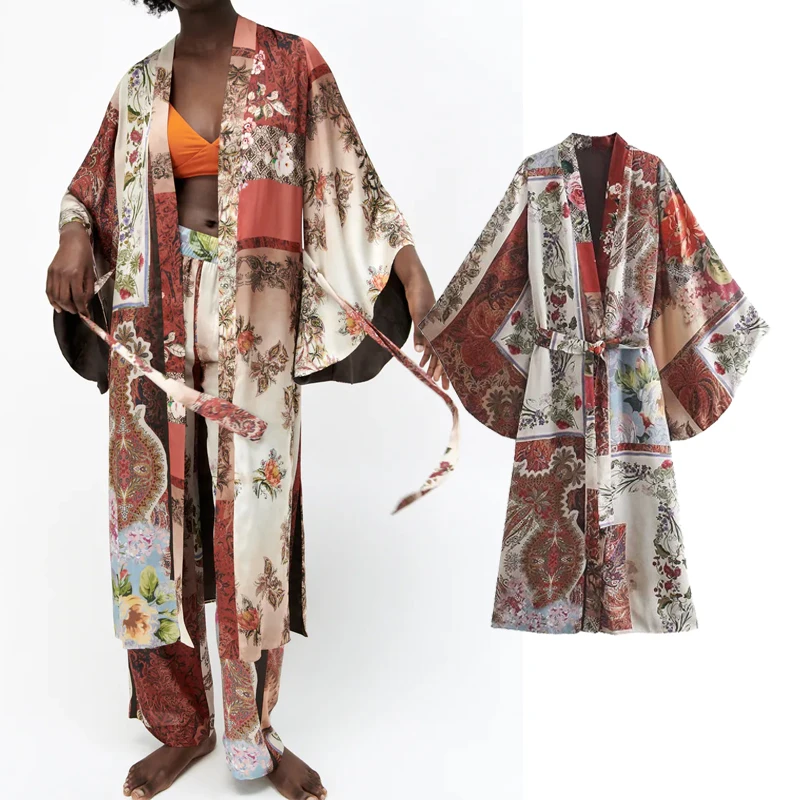 

Za Women Blouse Patchwork Long Woman Kimono Vintage Print Belt Long Sleeve Kimonos Summer 2021 Japanese Beach Kimono Top