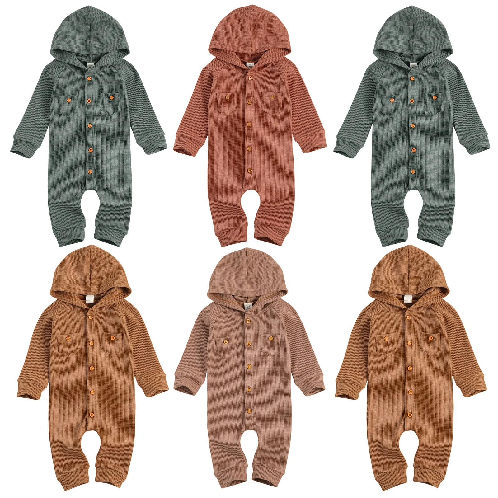 

Newborn Baby's Solid Color One-piece Rompe Long Sleeve Front Single Breasted Hooded Bodysuit with Two Front Pockets 0-24 Months