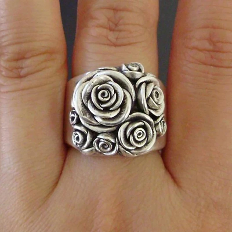 

Vintage Silver Plated Carving Rose Flower Bow Ring For Men Women Steampunk Party Ring Statement Jewelry Accessories Gift B4M838