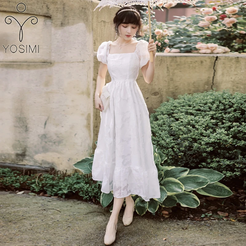 

YOSIMI Long Women Dress Elegant 2021 Summer Slash Neck Mid-calf A-line Short Sleeve Evening Party White Jacquard Long Dresses