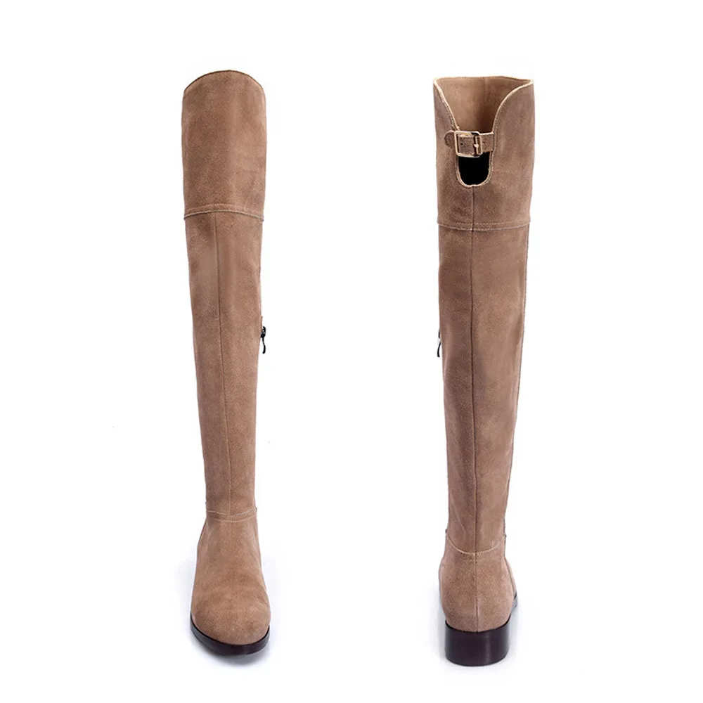 Сапоги выше колена из натуральной кожи с круглым носком на квадратном