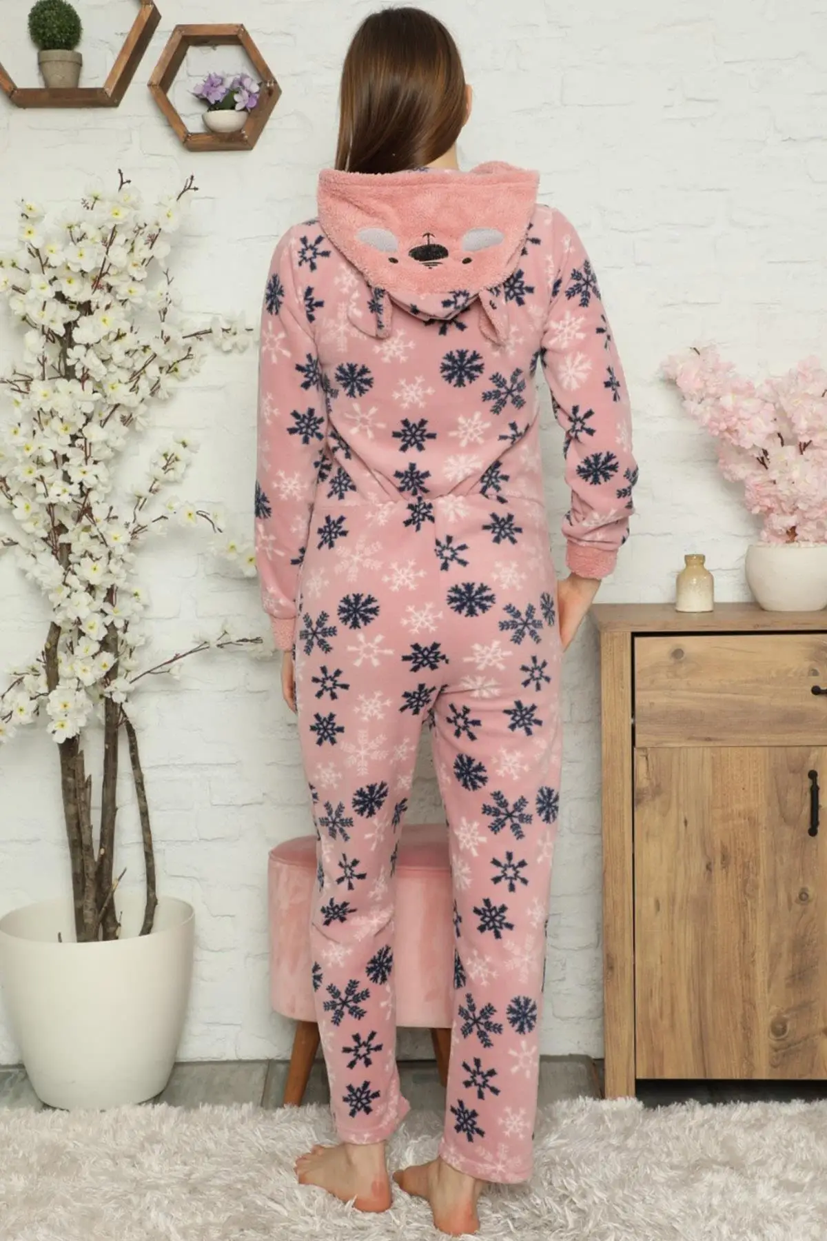 Women's Pink Snowflake Pattern Fleece Plush Jumpsuit Sleepwear Turkish Made Stylish Design Welcome Quality Wink Attractive Trend 2021 Style new Fashion