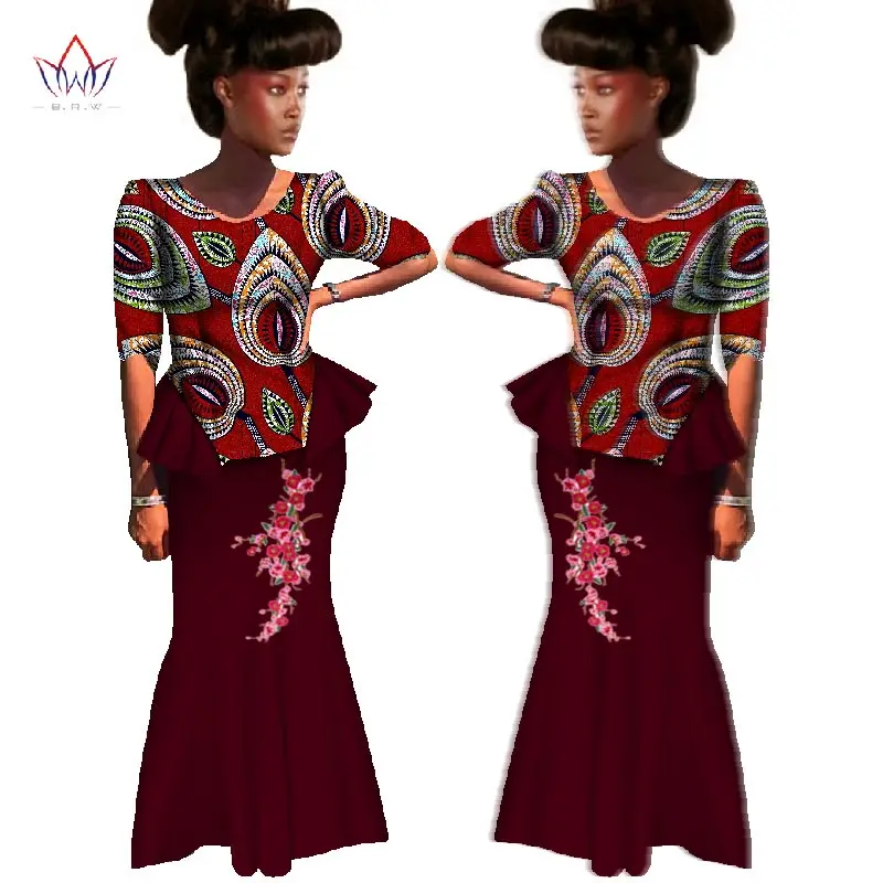 

Summer 2 piece Skirt Set For Women Fashion African Print Wax Maxi Size Top+Skirt Femal Traditional African Clothing WY360