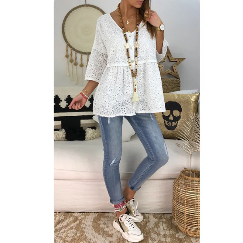 Женская кружевная блузка большого размера Однотонная рубашка с круглым вырезом