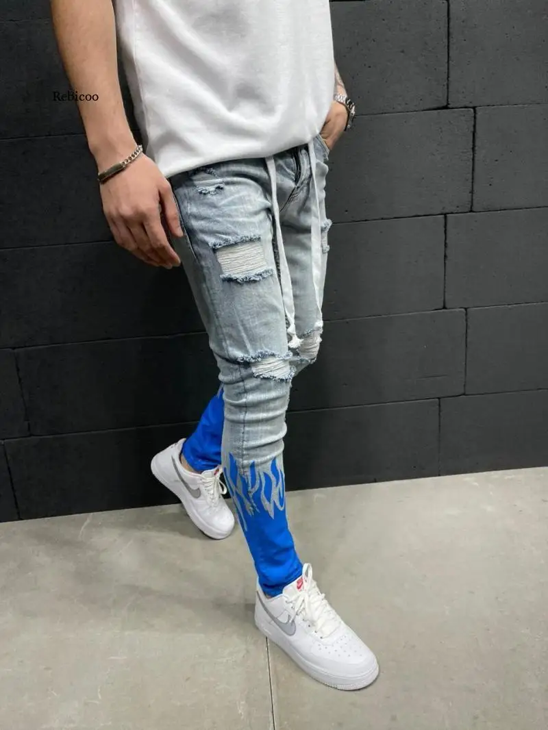 European and American Summer Men's Self-Cultivation Ripped Jeans with Printed Flame Fashion Personality Denim Tethered Jeans