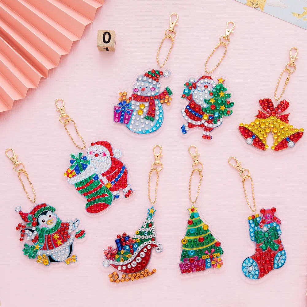 

4pcs Christmas Santa Claus Pattern 5D Diamond Painting Keychain Keyring DIY Animal Snowman Mosaic Picture Of Rhinestone Gift