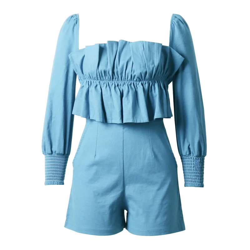 

New Long Sleeve Pleated Low Strapless Casual Jumpsuit for Autumn/winter 2019 Women's Wear White Blue Playsuit for party