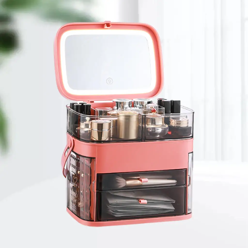 

Desktop Makeup Organizer Large Capacity with LED Lighted Mirror Dustproof Waterproof Counter Organizer for Dresser Bedroom