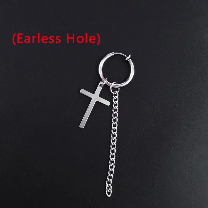 7 Cross Earless Hole Серьги в стиле панк из нержавеющей стали, зажим для женщин и мужчин, перо, лезвие, крест конус кисточка, цепочка, подвеска для мальчиков и девочек, рок, хип-хоп серьги-гвоздики - Окраска металла: 7 Cross Earless Hole