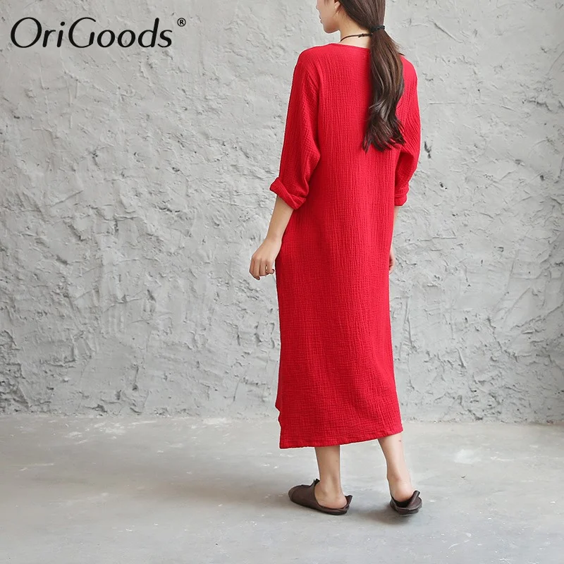 Женское винтажное длинное платье с круглым вырезом и длинным рукавом|knee length