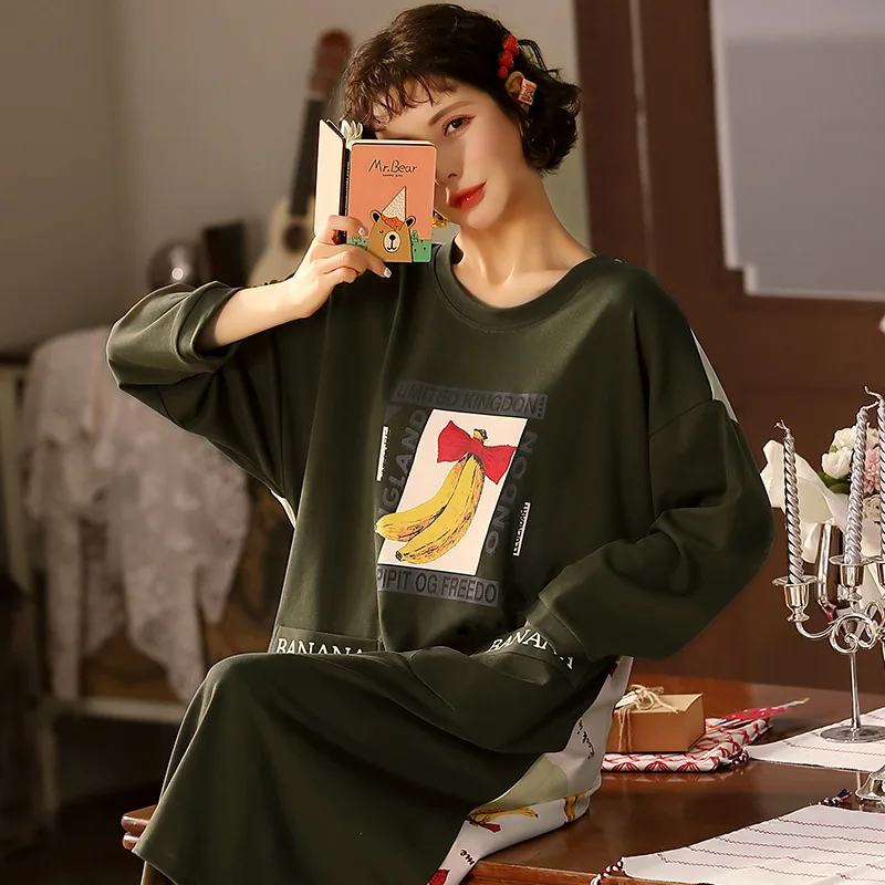 

Pajamas For Women Cartoon Cute Long Sleeve Women's Nightie Cotton Autumn New Sleepwear Night Wear Ladies Plus Size 3XL Nightgown