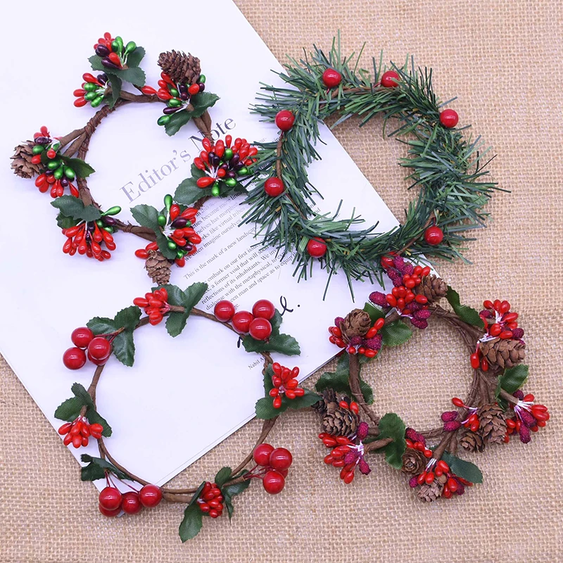 

Christmas Wreath Artificial Stamen Berry Flowers Rattan Wreaths for Xmas Home Decoration Wax Table Decor Christmas Gift Supplies