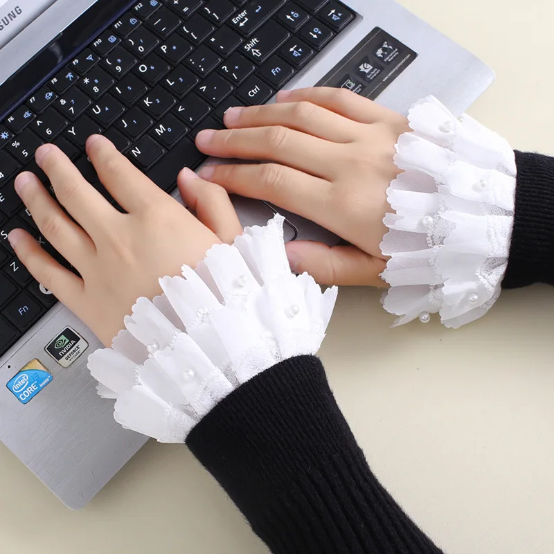 

2022 Белый Двухслойный фальшивый рукав для женщин кружевной Цветочный плиссированный с оборками накладные манжеты женский свитер блузка обо...