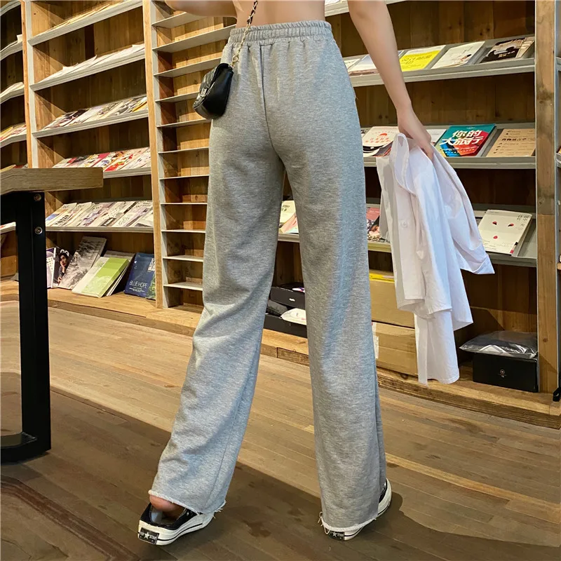 

2021 Summer Thin Section Gray Sweatpants Women Loose Straight High Waist Casual Nine-Point Hole Wide-Leg Fashion All-Match Pants