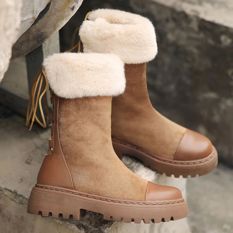 

Winter Shoes Women 2020 New Casual Handmade Genuine Leather Big Size 42 43 Round Toe Back Lace Up Mid Calf Warm Snow Boots Black