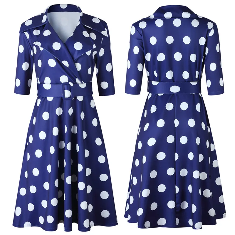 

Elegant Vintage Office Ladies African Blue Women Midi Dresses Casual Aline Notched Lapel Polka Dots Print Female Fashion Dress