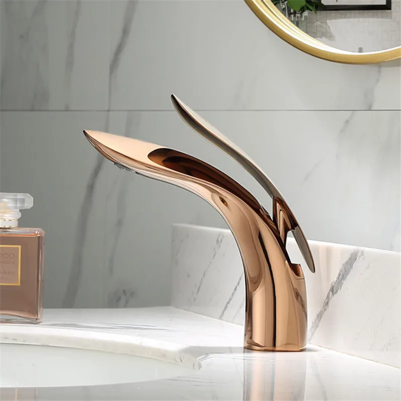 

Brass Bathroom Basin Faucets Hot & Cold Sink Mixer Taps Single Handle Deck Mounted Lavatory Crane Leaf Shape Rose Gold/Chrome