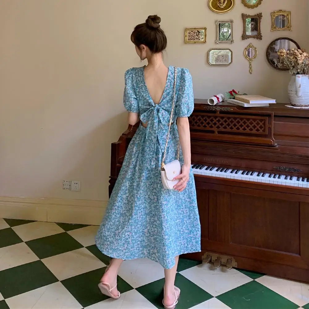 

Summer Spring Women Long Fashion Backless with Bow Floral Chiffon Short Sleeve Dress YOU207