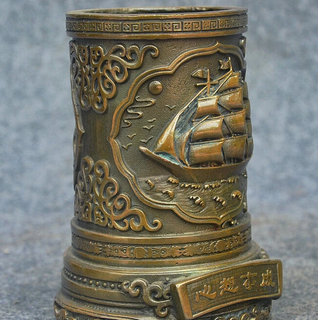 825 + китайская Бронзовая медная резная лодка Xin Xiang Shi Cheng статуя щетка горшок ручка