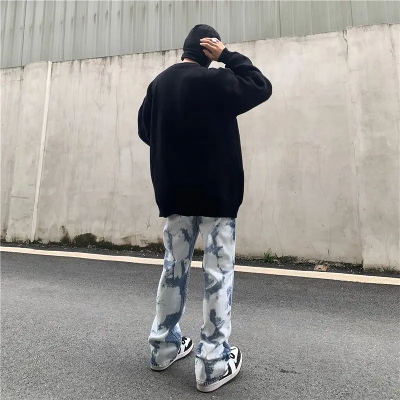 Men's and Women's Jeans Snowflake Washed Embroidered Denim Hip Hop Streetwear Loose Straight Tube Wide Leg Pants Unisex Trousers