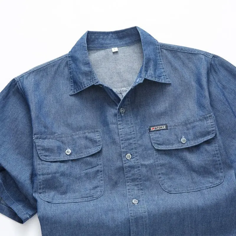 Middle Aged Denim Shirt Summer Short jean Sleeve Cotton Thin Dad Loose Jacket Рубашка Блузки Men Clothing Genuine Hot Рубашки |