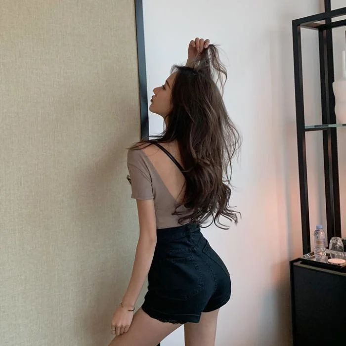 

Sexy versatile slim open back short sleeve top women's spring new solid round neck Pullover Casual Short T-shirt