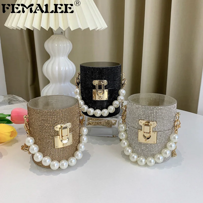 

New Designer Trending Purses And Handbags Women Rhinestone Diamond Bucket Bag Evening Bridal Party Pearl Chains Lipstick Clutch