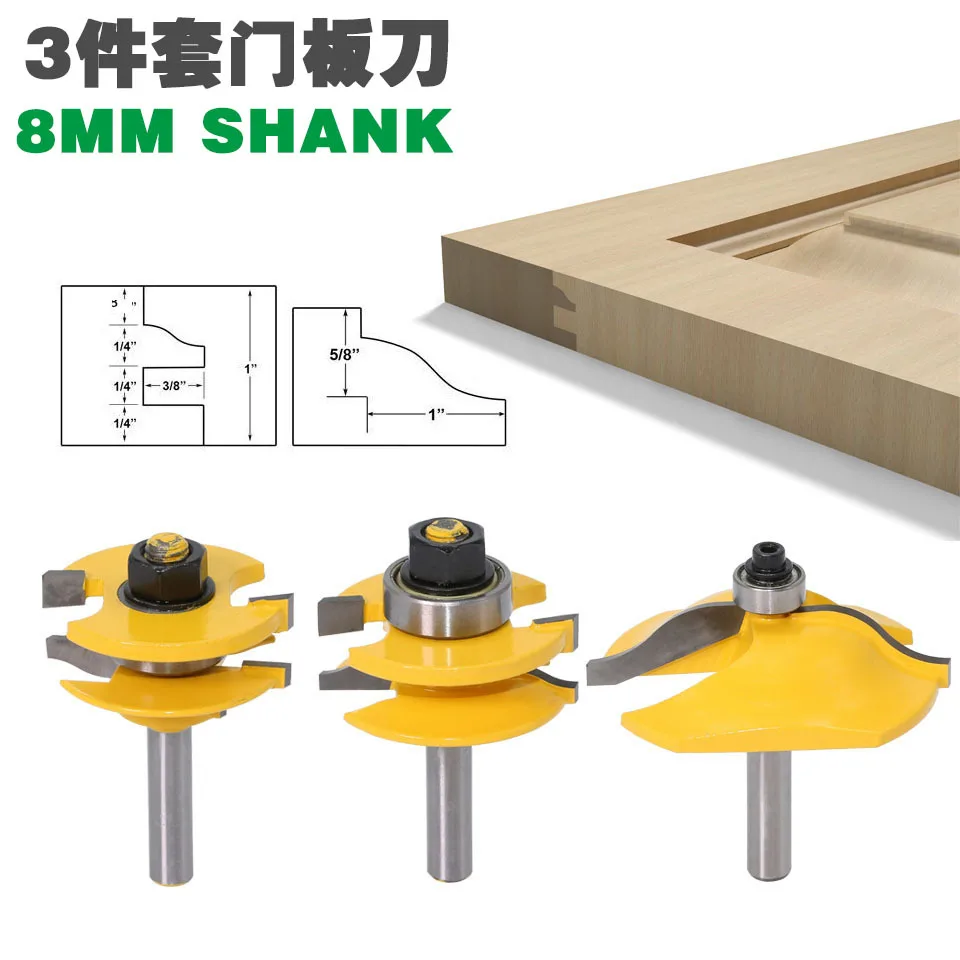 

3pcs 8mm Shank Raised Panel Cabinet Door Router Bit Set Woodworking cutter woodworking router bits carbide bit door knife