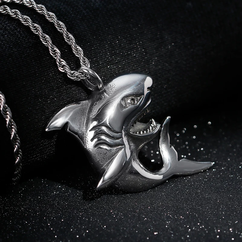 Vintage Hiphop Stainless Steel Shark Pendant Necklace For Men Women Fish With Twisted Rope Chain Male Jewelry | Украшения и