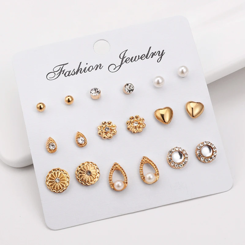 9 пар/компл. серьги-гвоздики набор с карточкой прозрачный циркон имитация жемчуга