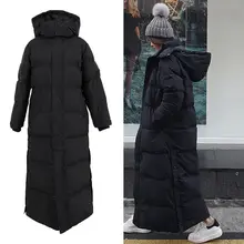 Пуховая парка, сверхдлинная куртка, женская зимняя куртка до колена, женское толстое черное пальто для зимы