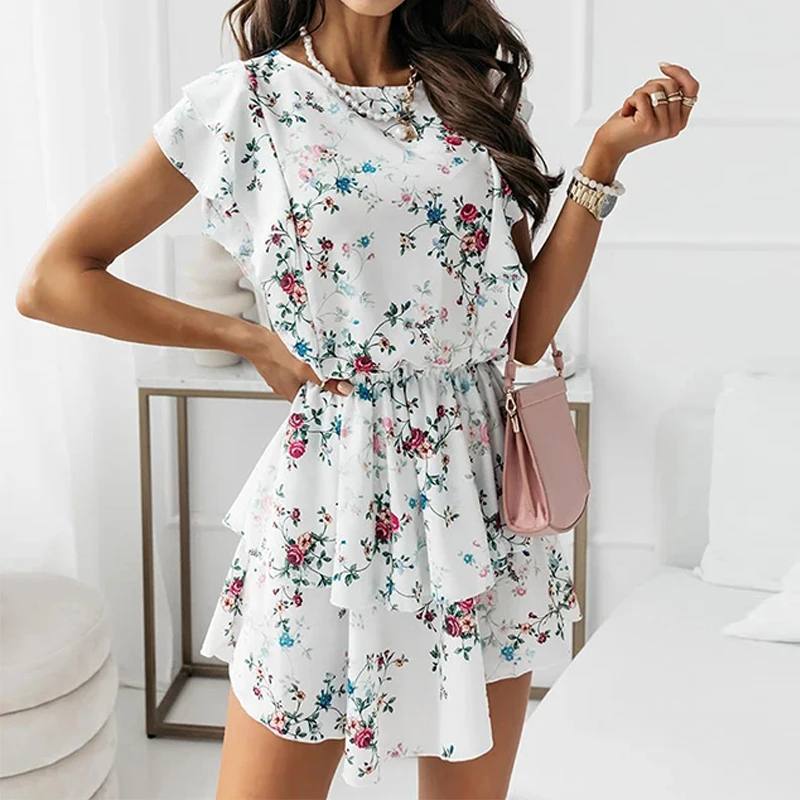 

Summer Fashion Loose Floral Printed Ruffled Short Sleeve Double-Layer Elegant Dress Vestido Feminino