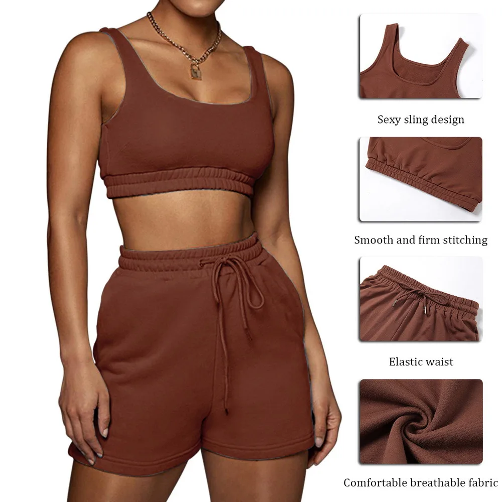

Casual Solid Sportswear Two Piece Sets Women 2021 Crop Top And Drawstring Shorts Matching Set Summer Athleisure Outfits