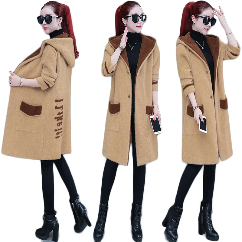 

Осенне-зимняя верхняя одежда с капюшоном, верхняя одежда из искусственной норки и кашемира, стильная одежда, пальто с мехом, женские длинные...