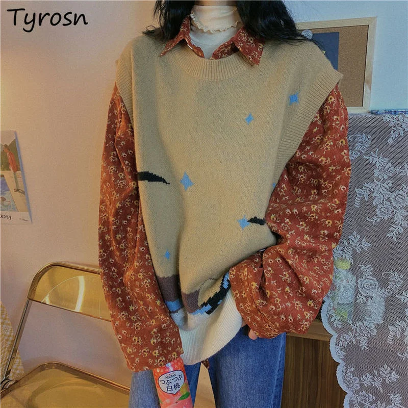 

Patchwork Sweater Vest Womens Clothing Loose Preppy Style Retro Daily Korean Fashion Chic Leisure Harajuku Students Elegant Top