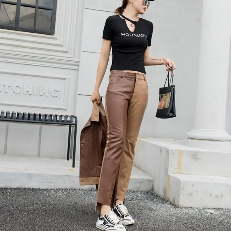

Colors Fashion Women Mixed Sheepskin Genuine Leather Pencil Pants Casual Female Slim Fit Ankle Length Pants Streetwear Trousers