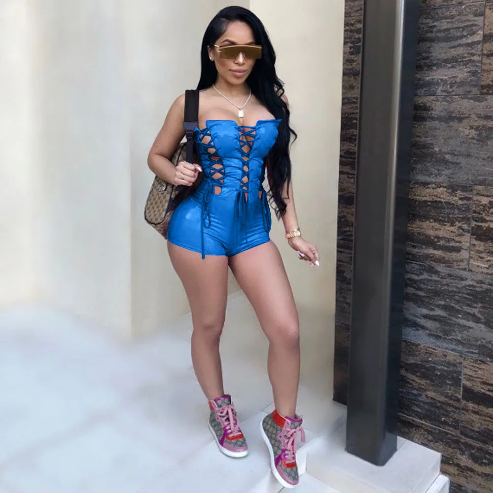 

PU Skinny Strapless Sleeveless Street Woman Rompers 2020 Bandage Bar Party Club Bodycon Bodysuit En Jumpsuits Body Femme
