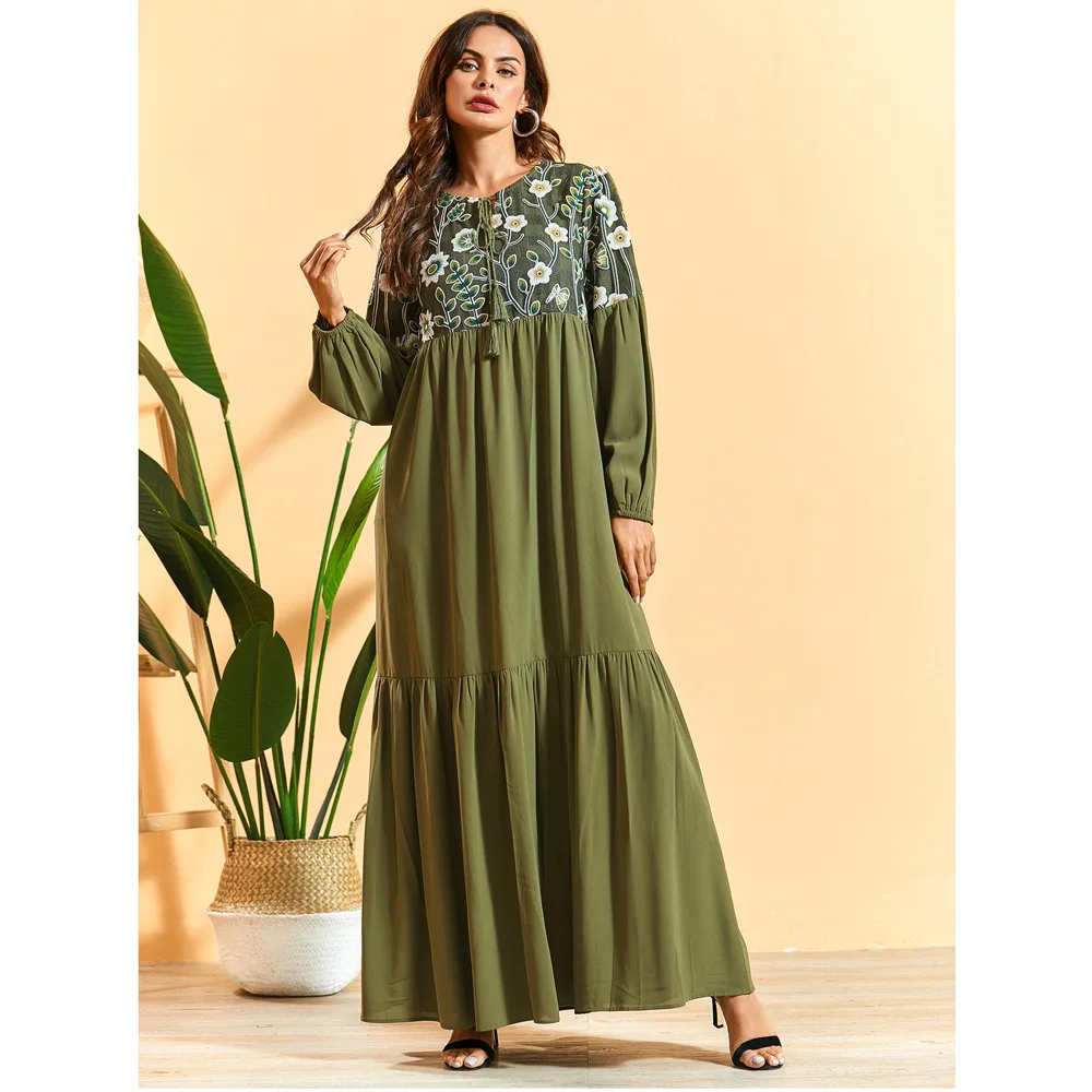 

Muslim Women Lace Patchwork Long Dress Loose Draped Design Ramadan Islamic Middle East Maxi Robe Gown Dubai Drawstring Dresses