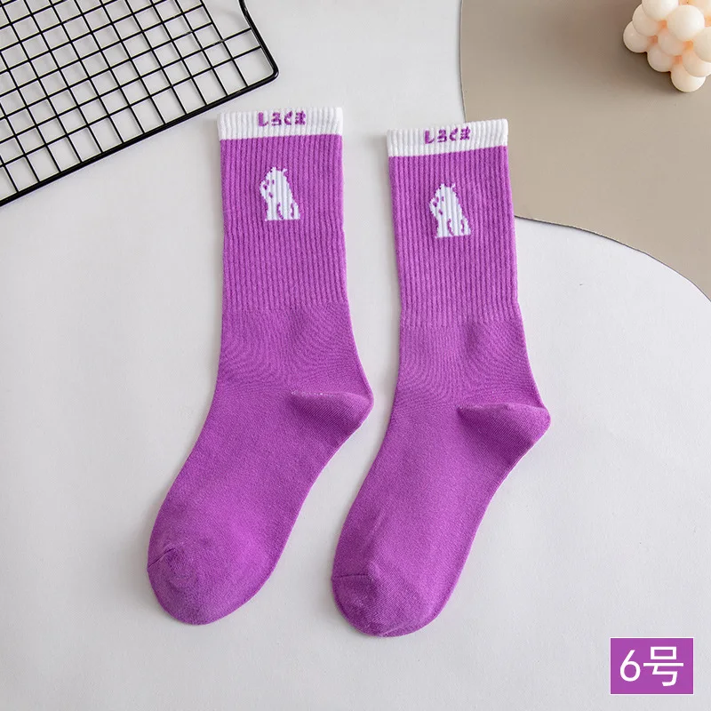 Spring And Summer Women's Cotton Socks Mid-waist Fashion Bear Socks Japanese Cute Cartoon Purple Women's Socks Harajuku College